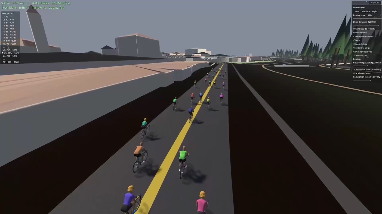 Generated low-poly 3D world with a full virtual peloton on the road